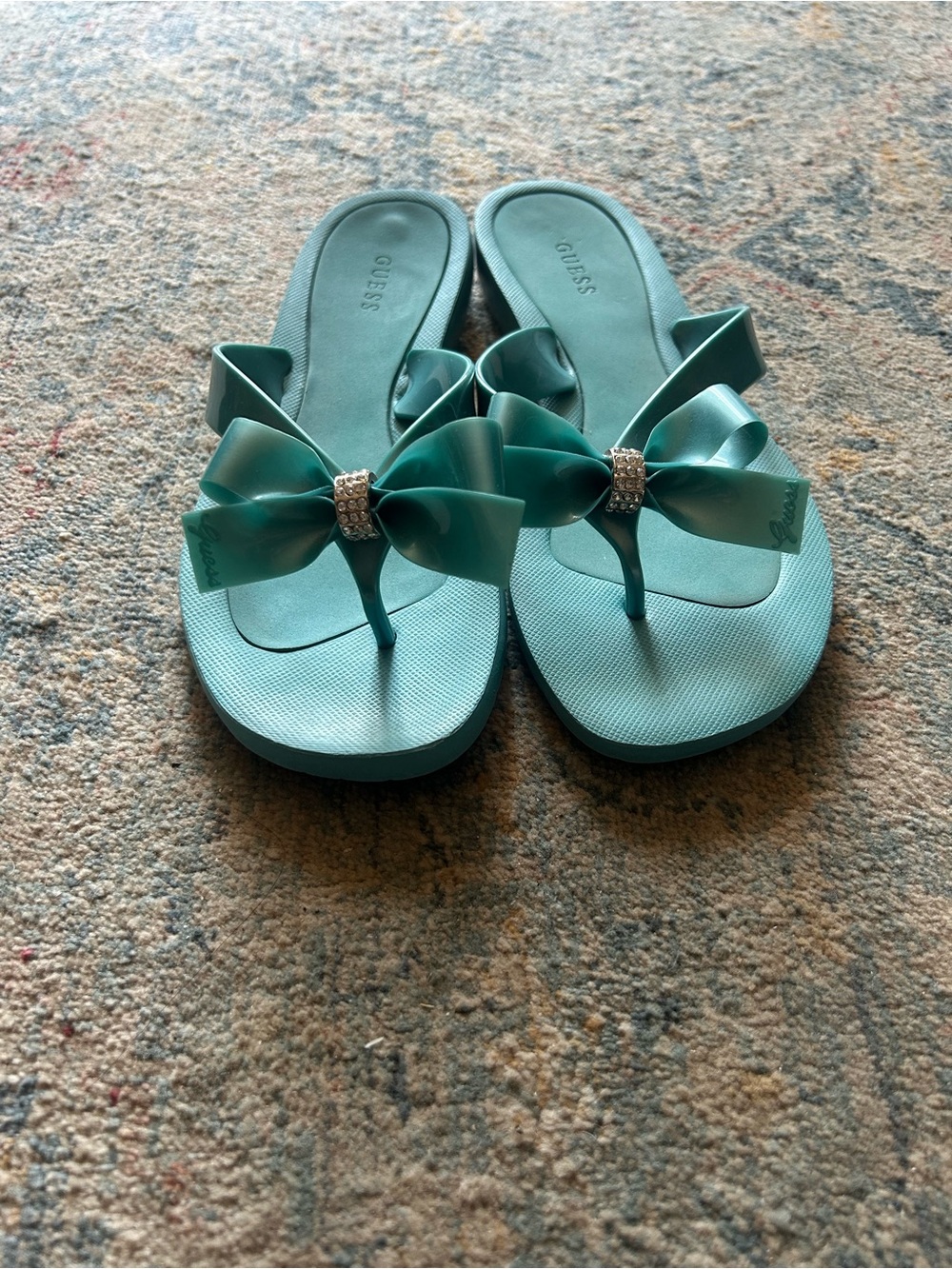 GUESS Teal Bow Thong Sandals with Rhinestone Accent